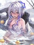  1girl :d akieda amane_kanata apple blue_halo commentary_request food fruit hair_between_eyes halo highres hololive looking_at_viewer medium_hair naked_towel onsen open_mouth partially_submerged purple_eyes smile snow solo star_halo towel virtual_youtuber wet white_hair white_wings wings 