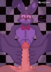 5_toes abs absurd_res animatronic anon anthro arms_down balls bonnie_(fnaf) brunisdraws cheek_tuft dialogue duo ears_up excited facial_tuft feet feet_up first_person_view five_nights_at_freddy&#039;s floor foot_fetish foot_focus foot_play footjob footjob_pov genitals hi_res human humanoid lagomorph legs_up leporid machine male male/male mammal paws penis rabbit rabbit_ears red_bow red_eyes robot scottgames sex signed smile speech_bubble text toes tuft two-footed_footjob vein veiny_penis