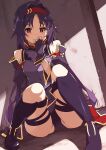  1girl armor bare_shoulders breastplate closed_mouth fingerless_gloves gloves hairband highres long_hair looking_at_viewer parted_bangs pointy_ears purple_gloves purple_hair red_eyes red_hairband shikei sitting solo sword_art_online very_long_hair yuuki_(sao) 