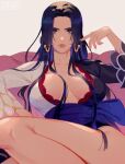  1girl black_hair blue_sash boa_hancock breasts cleavage closed_mouth earrings grey_background highres jewelry long_hair looking_at_viewer one_piece sash signature sitting snake_earrings solo thighs vonnabeee 