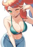  1girl ;o amrbatafri bikini bikini_top_only blue_pants breasts collarbone denim green_bikini green_eyes highres jeans large_breasts looking_at_viewer midriff navel one_eye_closed orange_hair pants pokemon pokemon_swsh side_ponytail simple_background solo sonia_(pokemon) stomach swimsuit white_background 