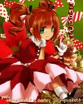 aura biscuit_krueger biscuit_krueger_(cosplay) brown_eyes brown_hair cosplay dress gloves hair_ribbon hand_on_own_face highres hunter_x_hunter idolmaster idolmaster_(classic) kono_lolicon_domome looking_at_viewer mary_janes red_dress ribbon shoes short_hair short_twintails sitting smile socks solo takatsuki_yayoi twintails white_legwear yuyu_(yuyurhythm) 