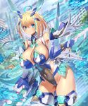  1girl animal_ears aqua_hair blonde_hair blue_eyes breasts cleavage closed_mouth commentary_request covered_navel fake_animal_ears gloves highres large_breasts looking_at_viewer mecha_musume multicolored_hair original playboy_bunny rabbit_ears smile solo sophia_f_shirring takamine_nadare thighs two-tone_hair white_gloves 