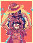  1boy 1girl absurdres black_hair commentary crying english_commentary extra_arms hand_on_headwear hat hat_over_eyes highres hug long_hair looking_at_another monkey_d._luffy nico_robin one_piece open_clothes open_shirt orange_background petals red_shirt scar scar_on_chest shirt short_hair simple_background smile straw_hat wigglesthetuff 
