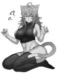  1girl ? ?? ahoge alternate_costume animal_ears blush breasts cat_ears cat_girl cat_tail cropped_sweater full_body greyscale highres hololive inamimi_(sheep1733) large_breasts long_hair looking_at_viewer monochrome navel nekomata_okayu panties sideboob smile solo tail thighhighs underwear virtual_youtuber 
