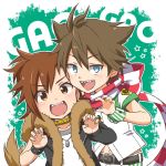  &gt;:d 2boys :d akuno_hideo akuno_hideo&#039;s_brother akuno_hideo's_brother akuno_hideo_(cosplay) belt blue_eyes blush brown_eyes brown_hair checkered child choker collar cosplay dog_tags fake_tail fang fingerless_gloves gloves highres idolmaster idolmaster_side-m looking_at_viewer male_focus midriff multiple_boys open_mouth scarf shamushamu sharp_teeth short_sleeves sleeveless smile studded_bracelet studded_collar tachibana_shirou tail teeth 