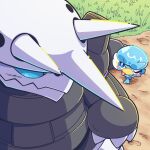 aggron ambiguous_gender anthro biped black_body blue_body blue_eyes blush detailed_background duo generation_3_pokemon generation_9_pokemon hi_res nintendo park_horang pokemon pokemon_(species) quaxly tongue tongue_out white_body