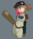  baseball_bat baseball_cap breasts brown_hair bubble_blowing chewing_gum commentary cropped_legs flcl green_eyes grey_background haruhara_haruko hat head_tilt highres holding holding_baseball_bat long_hair ponytail saji_(sajishuffle) shirt small_breasts t-shirt white_footwear 