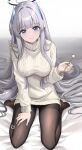  1girl alternate_costume bed_sheet black_pantyhose blue_archive blush breasts closed_mouth grey_hair halo highres holding large_breasts long_hair looking_at_viewer mechanical_halo mimikaki noa_(blue_archive) pantyhose purple_eyes ribbed_sweater ryouta_(ryouta335) smile solo sweater translation_request very_long_hair white_sweater 