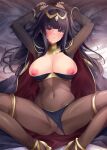  1girl armpits arms_up bed_sheet black_cape black_hair blue_panties blunt_bangs blush bodystocking bracelet breasts bridal_gauntlets cameltoe cape circlet cleavage clothing_aside commentary_request covered_navel fire_emblem fire_emblem_awakening gold_trim high_heels jewelry kirishima_satoshi large_breasts long_hair looking_at_viewer lying neck_ring nipple_slip nipples on_back paid_reward_available panties parted_lips partially_visible_vulva purple_eyes red_cape shadow sidelocks solo spread_legs tharja_(fire_emblem) thighlet two-sided_cape two-sided_fabric two-tone_cape two_side_up underwear 