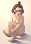 1girl absurdres artist_name breasts character_request closed_mouth cloudxmoe completely_nude copyright_request english_commentary english_text full_body glasses hair_tie highres looking_at_viewer medium_breasts medium_hair nipples nude shadow simple_background sitting solo tareme thick_thighs thighs 