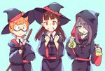  3girls bad_id bad_pixiv_id belt bottle broom brown_hair clenched_teeth d: dress flask freckles glasses grin hair_over_one_eye hat hood kagari_atsuko little_witch_academia long_hair lotte_jansson multiple_girls open_mouth orange_hair pale_skin poison potion purple_hair saya556 short_hair skirt smile sucy_manbavaran teeth wide_sleeves witch witch_hat 