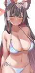  1girl absurdres animal_ear_fluff animal_ears bikini blue_archive blush breasts brown_hair cleavage closed_mouth collarbone colored_inner_hair commentary_request extra_ears halo halterneck highres large_breasts long_hair looking_at_viewer metsu_end multicolored_hair official_alternate_costume red_hair red_halo side-tie_bikini_bottom simple_background smile solo string_bikini swimsuit wakamo_(blue_archive) wakamo_(swimsuit)_(blue_archive) white_background white_bikini yellow_eyes 