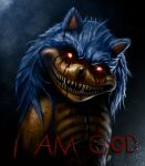 absurd_res anthro blood blue_body blue_fur bodily_fluids creepy creepypasta demonic dialogue emaciated english_text eulipotyphlan evil_grin fur glowing glowing_eyes hedgehog hi_res horror_(theme) ian-exe looking_at_viewer male mammal nightmare_fuel red_eyes sega sharp_teeth smile solo sonic.exe sonic.exe_(creepypasta) sonic_the_hedgehog_(series) teeth text where_is_your_god_now