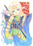 90s acrylic_paint_(medium) agahari armor blonde_hair blue_cape blue_eyes breastplate cape circlet deedlit elf graphite_(medium) long_hair pauldrons pointy_ears rapier record_of_lodoss_war simple_background smile solo sword traditional_media upper_body weapon white_background 