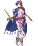  1girl breasts cleavage earrings fire_emblem fire_emblem:_the_binding_blade fire_emblem_heroes hanusu highres holding holding_sword holding_weapon jewelry juno_(fire_emblem) juno_(nimble_grace)_(fire_emblem) looking_at_viewer non-web_source official_alternate_costume official_art pelvic_curtain purple_eyes purple_hair simple_background smile solo sword tachi-e tassel tassel_earrings weapon white_background 