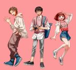  1girl 2boys absurdres backpack bag black_hair blue_eyes brown_hair brown_pants camera facing_viewer full_body green_eyes hand_in_pocket highres holding holding_camera ichimonjikun2 kneehighs knees_together_feet_apart looking_at_viewer midair mikumo_osamu multiple_boys narrowed_eyes open_mouth pants pink_background red_hair shoes short_hair smile sneakers socks standing suwa_koutarou taketomi_sakurako v waving world_trigger 