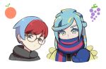  1boy 1girl blonde_hair blue_hair blue_mittens commentary eyebrows_hidden_by_hair food fruit glasses grapes grusha_(pokemon) mittens multicolored_hair orange_(fruit) penny_(pokemon) pokemon pokemon_sv red_hair round_eyewear sara_bon scarf scarf_over_mouth short_hair twitter_username two-tone_hair winter_clothes 