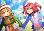  2girls :d backpack bag balloon beret blue_eyes blue_jacket blue_sky blurry blurry_background bow breasts brown_dress brown_eyes brown_hair brown_skirt carnival circus_tent cloud collared_shirt commentary_request commission day depth_of_field dress green_jacket hat hat_bow holding_hands jacket kou_hiyoyo kunikida_hanamaru kurosawa_ruby love_live! love_live!_sunshine!! medium_breasts multiple_girls outdoors pink_shirt pleated_skirt red_bow red_hair shirt skeb_commission skirt sky smile star_(symbol) transparent two_side_up white_headwear 