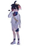  ... 1boy black_hair blue_shirt buckle collared_shirt colored_inner_hair full_body gloves hairband hand_up jacket kieran_(pokemon) knees long_sleeves male_focus multicolored_hair necktie pokemon pokemon_sv poor_trainer red_gloves red_necktie shirt shoes shorts single_glove socks solo spoken_ellipsis standing strap white_footwear white_jacket white_shorts yellow_hairband zipper_pull_tab 