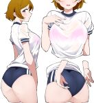  1girl adjusting_clothes ass blush bra bra_visible_through_clothes breasts brown_hair buruma butt_crack cleavage embarrassed from_behind gym_shirt gym_uniform highres koizumi_hanayo large_breasts liz_(piyoko_piyop) looking_at_viewer love_live! love_live!_school_idol_project multiple_views open_mouth pink_bra pink_eyes shirt solo sweat underwear wet wet_clothes wet_shirt 