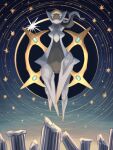  7_phi_3 arceus colored_sclera commentary_request floating glint gradient_sky green_sclera highres looking_at_viewer night night_sky no_humans pillar pokemon pokemon_(creature) red_eyes sky star_(sky) star_(symbol) 