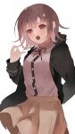  1girl :o alternate_hair_ornament black_shirt brown_skirt collared_shirt danganronpa_(series) danganronpa_2:_goodbye_despair dress_shirt flipped_hair grey_background grey_shirt hair_ornament hand_up highres hood jacket long_sleeves medium_hair men_(reitomenko) nanami_chiaki neck_ribbon open_clothes open_jacket pink_eyes pleated_skirt ribbon shirt simple_background skirt solo teeth two-tone_shirt upper_teeth_only 