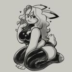 anthro belly belly_squish big_butt black_and_white breasts butt clothing female hair lagomorph latex legwear leporid long_hair lumens8ite mammal monochrome nonbinary_(lore) piercing rabbit ravanna_(lumens8ite) solo squish thigh_highs