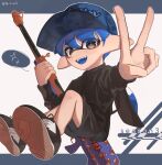  1boy baseball_cap black_shirt black_shorts blue_hair commentary_request full_body grey_eyes gun ha_r_a_k hat highres holding holding_gun holding_weapon ink_tank_(splatoon) inkling inkling_boy letterboxed open_mouth pointy_ears shirt short_hair shorts smile solo splat_charger_(splatoon) splatoon_(series) splatoon_3 spoken_sparkle star-shaped_pupils star_(symbol) symbol-shaped_pupils teeth tentacle_hair upper_teeth_only v weapon 