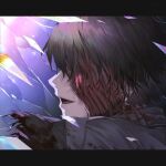  1boy black_coat blindfold blood blood_on_clothes close-up coat coat_on_shoulders facing_to_the_side flesh glass_shards happy highres limbus_company open_mouth portrait project_moon satome_setsuko smile solo yi_sang_(project_moon) 