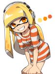  1girl absurdres blonde_hair collarbone color_guide grin hands_on_own_knees headphones highres ikachan_pochan inkling inkling_girl leaning_forward long_hair orange_eyes orange_shirt oversized_clothes oversized_shirt pointy_ears shirt simple_background smile splatoon_(series) striped_clothes striped_shirt teeth tentacle_hair two-tone_shirt white_background white_shirt 