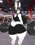 accessory anthro big_breasts big_butt black_hair bottomwear breasts butt clothing exercise exercise_clothing exercise_equipment exercise_gear female fur gold_(metal) gym gym_bottomwear gym_clothing gym_shorts hair hair_accessory hairpin highlights_(coloring) holding_object holding_weights huge_breasts lagomorph leporid looking_at_viewer looking_back mammal marshmallow_(bunnycurves) pink_hair pink_highlights rabbit rabbit_ears scut_tail short_tail shorts smile smiling_at_viewer smirk smirking_at_viewer solo tail unknown_artist weightlifting weights white_body white_fur wide_hips workout