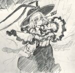  1girl bow capelet carbohydrate_(asta4282) character_name closed_mouth commentary_request frilled_capelet frills greyscale hat hat_bow highres lightning long_sleeves looking_at_viewer monochrome nagae_iku short_hair sketch skirt smile solo touhou traditional_media 