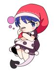  1girl black_capelet blue_eyes blue_hair blush capelet closed_mouth doremy_sweet dress full_body hat highres ini_(inunabe00) looking_at_viewer multicolored_clothes multicolored_dress nightcap one_eye_closed pom_pom_(clothes) red_headwear short_hair simple_background solo tail tapir_tail touhou white_background 