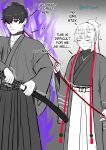  1boy 1girl absurdres animal_collar artrum4 blush closed_eyes closed_mouth collar commentary english_commentary english_text fate/grand_order fate/samurai_remnant fate_(series) greyscale hair_over_one_eye hakama highres holding holding_collar japanese_clothes katana kimono long_hair miyamoto_iori_(fate) monochrome one_eye_covered partially_colored red_eyes short_hair short_ponytail sword twitter_username weapon wide_sleeves yui_shousetsu_(fate) 