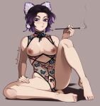  1girl absurdres animal_print artist_name badlavender bare_legs bare_shoulders barefoot black_hair breasts butterfly_hair_ornament butterfly_print closed_mouth grey_background hair_ornament highres holding holding_smoking_pipe kimetsu_no_yaiba kochou_shinobu leotard looking_at_viewer medium_breasts nipples parted_bangs purple_eyes purple_hair pussy_cutout shiny_skin short_hair simple_background sitting smile smoking_pipe solo 