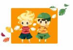  2boys alternate_color arm_at_side arm_up backpack bag baseball_cap black_hair black_shorts blonde_hair blush blush_stickers full_body green_footwear green_headwear green_shorts hat hitofutarai leaf lucas_(mother_3) mother_(game) mother_2 mother_3 multiple_boys ness_(mother_2) player_2 purple_footwear shirt shorts smile socks solid_oval_eyes striped_clothes striped_shirt super_smash_bros. white_socks 