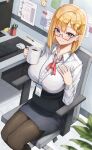  1girl absurdres black-framed_eyewear black_pantyhose black_skirt blonde_hair blue_eyes blush breasts coffee_mug collared_shirt cup glasses hand_on_own_chest highres holding holding_cup hololive hololive_english id_card keyboard_(computer) large_breasts medium_hair monitor mug nana_(user_fman4282) pantyhose plant potted_plant shirt skirt smile smol_ame solo virtual_youtuber watson_amelia 