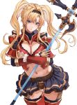  1girl armor belt bikini_armor blonde_hair blue_eyes blue_skirt braid breasts brown_belt brown_hairband cleavage covering_breasts covering_privates cowboy_shot crossed_arms crown_braid gauntlets gold_armor gold_trim granblue_fantasy hair_intakes hairband highres holding holding_polearm holding_weapon large_breasts leg_armor long_hair looking_at_viewer navel parted_bangs parted_lips polearm red_armor shoulder_armor showgirl_skirt simple_background skirt solo stomach thigh_armor thigh_gap twintails v-shaped_eyebrows weapon white_background zeta_(granblue_fantasy) zundakun0123 