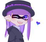  1girl absurdres bow commentary_request dot_nose glint hat hat_bow heart highres inkling inkling_girl koke_(banburu_be_x) long_hair one_eye_closed open_mouth pointy_ears purple_bow purple_eyes purple_hair simple_background solo splatoon_(series) teeth tentacle_hair upper_body upper_teeth_only white_background 