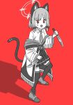  1girl :3 anger_vein angry animal_ear_headphones animal_ears blue_archive blunt_bangs bow bruce8763 cat_ear_headphones cat_tail collared_shirt commentary_request death_momoi_(meme) dual_wielding fake_animal_ears fake_tail fighting_stance full_body hair_bow hair_ribbon halo headphones highres holding holding_knife kitchen_knife knife long_sleeves looking_at_viewer meme momoi_(blue_archive) necktie no_sclera parted_bangs pleated_skirt red_background red_eyes reverse_grip ribbon school_uniform shirt short_hair sidelocks skirt solo tail tress_ribbon zettai_ryouiki 