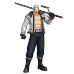  1boy 3d abs absurdres belt boots cigar cross-laced_footwear full_body gloves highres jacket jitte lace-up_boots male male_focus marine muscle nude_jacket official_art one_piece one_piece:_pirate_warriors open_clothes open_jacket scar simple_background smoker solo weapon white_background white_hair 
