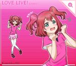  1girl :d bare_arms character_name collarbone copyright_name full_body green_eyes kurosawa_ruby long_hair looking_at_viewer love_live! love_live!_sunshine!! miniskirt open_mouth pink_background pink_shirt pink_skirt red_hair shirt short_sleeves skirt smile solo striped_background thighhighs twintails twitter_username upper_body wavy_mouth white_thighhighs yumechiku zettai_ryouiki 