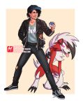 5_fingers anthro biped bottomwear canid canine claws clothed clothing duo eyebrows fingers floppy_ears footwear fur generation_7_pokemon hair holding_object holding_pokeball human lycanroc male mammal midnight_lycanroc mitch_(muepin) muepin nintendo pants pokeball pokemon pokemon_(species) shoes tongue tongue_out torn_bottomwear torn_clothing torn_pants