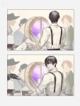  1boy 3others black_eyes black_hair book cat collared_shirt happy highres limbus_company long_sleeves mirror multiple_others parted_lips petting portal_(object) project_moon satome_setsuko shirt smile suspenders table white_shirt yi_sang_(project_moon) 
