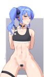  1girl absurdres arms_behind_back ass_visible_through_thighs blue_eyes blue_hair choker commentary_request cowboy_shot female_pubic_hair flat_chest hair_between_eyes harry_(dudwofla) highres hololive hoshimachi_suisei looking_at_viewer navel pubic_hair pussy ribs side_ponytail solo teeth thigh_strap twitter_username virtual_youtuber 