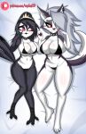 anthro avian beak big_breasts bikini bird blush breasts canid canid_demon clothing demon duo female hair hair_over_eye hellhound helluva_boss hi_res loona_(helluva_boss) lying mammal navel octavia_(helluva_boss) on_back one_eye_obstructed pupils raydonxd slit_pupils swimwear