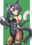  1girl alternate_costume animal_ears beatsheavens0735 black_hair blush boots breasts card closed_mouth detached_sleeves green_background highres holding horse_ears horse_girl horse_tail long_hair looking_at_viewer medium_breasts pantyhose satono_crown_(umamusume) side_ponytail simple_background smile solo tail thigh_boots umamusume 