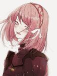  1girl armor blush fire_emblem fire_emblem_engage hair_ribbon hairband highres hk_539099410 lapis_(fire_emblem) looking_at_viewer medium_hair open_mouth pink_eyes pink_hair ribbon shoulder_armor smile solo white_background white_ribbon 