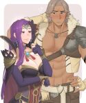  1boy 1girl abs arm_behind_head atlas_(fire_emblem) breasts circlet cleavage commission commissioner_upload ebinku fingerless_gloves fire_emblem fire_emblem_echoes:_shadows_of_valentia fire_emblem_heroes gloves grey_hair highres large_breasts looking_at_viewer muscular muscular_male official_alternate_costume purple_hair smile sonya_(beautiful_mage)_(fire_emblem) sonya_(fire_emblem) 